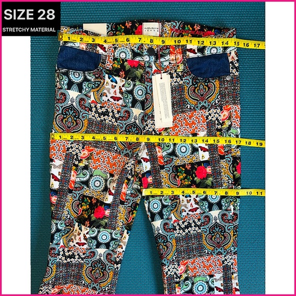 Alice + Olivia Beautiful Patchwork Mid Rise Denim Floral Flared Bell Jeans Pant - Picture 14 of 17